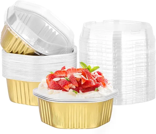 Vista 32 de Beasea Tazas desechables para hornear con tapas, juego de 50 unidades, 13.5 oz 400 ml, ramekins de aluminio con tapa de papel de aluminio, moldes
