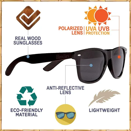 Vista 3 de Woodies Gafas de sol clásicas polarizadas de madera de ébano negra Wayfarer con lente TAC para hombres y mujeres, 100% protección contra rayos