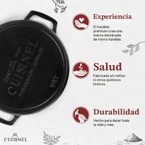 Vista 3 de Cuisinel Horno Holandés de Hierro Fundido - Olla Profunda de 5-Cuartos - Multicocina 2-en-1 Presazonada - Tapa Combinada que Funciona como Sartén
