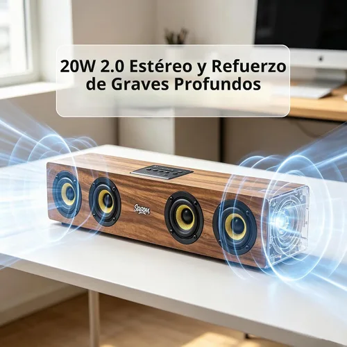 Vista 2 de Altavoz de barra de sonido portátil Bluetooth 5.3 de madera retro, estéreo de 20 W 2.0 con refuerzo de graves, emparejamiento TWS, radio