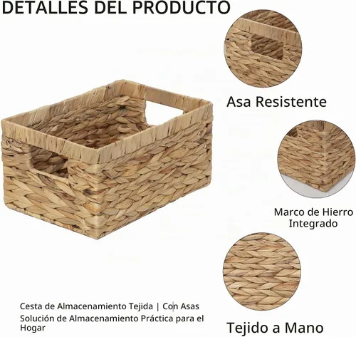 Vista 9 de Caja de cesta tejida de jacinto de agua natural rectangular con asa, Kingwillow. (Pequeño)