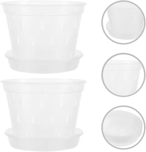Vista 7 de Plastic Orchid Nursery Pots with Saucers and Base Tray 2 Sets Breathable Drainage Cups, Bottom Holes and Root Visibility, for Balconies and