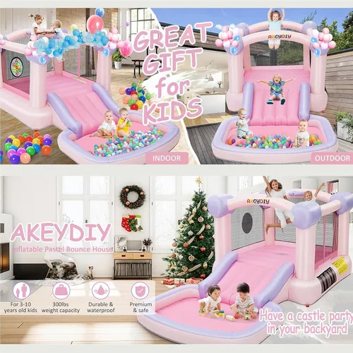 Vista 8 de AKEYDIY Pastel Dream Casa de Rebote para Niños de 3-10, Casa de Rebote de Agua de 161x82x63 pulgadas con Tobogán, Piscina de Pelotas/Foso