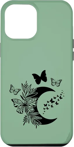 Vista 6 de Funda de bruja Wicca Wicca para iPhone 15, diseño de luna y mariposa, color verde salvia