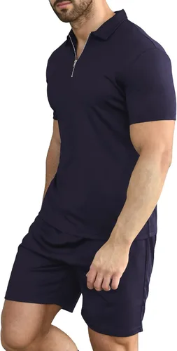 Vista 2 de YTD Conjunto de camisa polo y pantalones cortos de manga corta para hombre, conjunto de dos piezas de verano con cremallera, conjunto deportivo