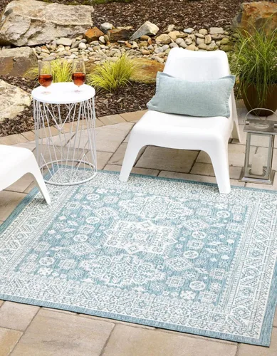 Vista 61 de Unique Loom Outdoor Aztec Collection Alfombra de área, Chalca (5 pies 3 pulgadas, octágono, aguamarina/marfil)