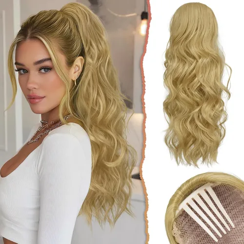 Vista 17 de SOFEIYAN Extensión de cola de caballo con cordón, de 24 pulgadas, ondulado, rizado, con clip, extensiones de cola de caballo con clip, extensiones