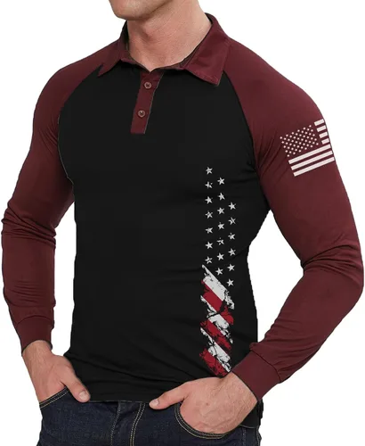 Vista 9 de BlackTeak Men's Patriotic Long Sleeve Polo Shirt Patriotic Casual American Flag Graphic Golf Polo Shirts