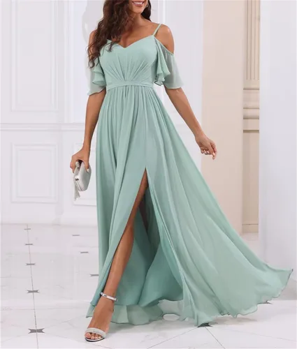 Vista 2 de Cold Shoulder Bridesmaid Dresses with Long Slit Chiffon Pleated Formal Party Gowns for Women
