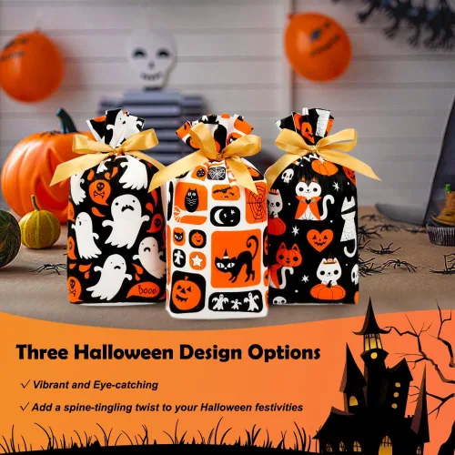Vista 4 de Shintop Bolsas de golosinas de Halloween, 50 bolsas pequeñas con cordón Con
