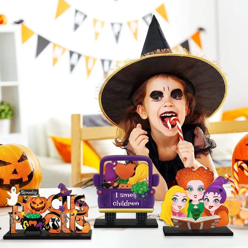 Vista 3 de 3 piezas de decoración de mesa de Halloween de Hocus Pocus, hermanas de bruja de Halloween, centro de mesa de madera para mesa de camión I Smell