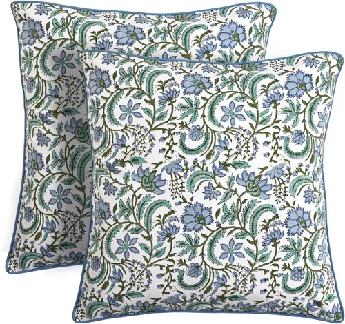 Vista 21 de Ridhi Juego de 2 fundas de almohada de algodón con estampado de bloques Azul aguamarina