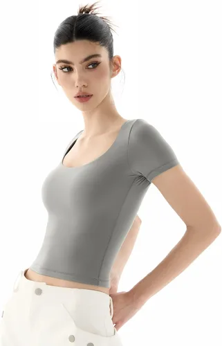 Vista 3 de PUMIEY Camiseta de manga corta con cuello redondo para mujer, ajustada, sexy, colección Smoke Cloud