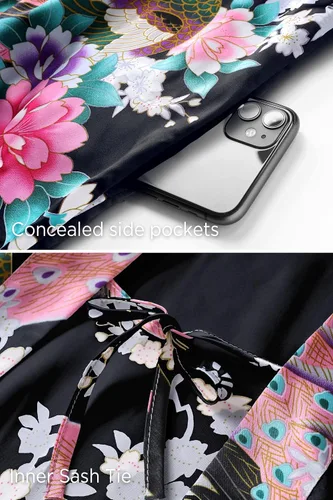 Vista 5 de BABEYOND Bata tipo kimono para mujer, bata larga de satén con estampado de pavo real y flores Negro