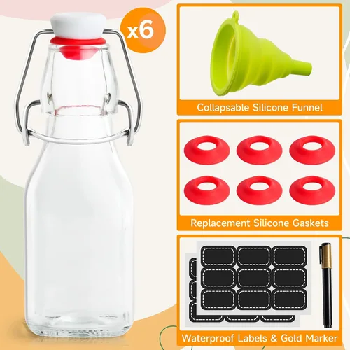 Vista 2 de WILLDAN Paquete de 6 botellas de vidrio con tapa abatible de 4 onzas – Botellas de preparación con tapa abatible para kombucha, kéfir, extracto