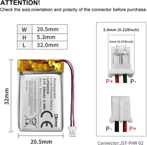Vista 3 de EEMB Batería de polímero de litio 3.7 V 250 mAh 502030 Lipo Batería recargable con conector JST de cable para VXI Blue Parrott - Confirma
