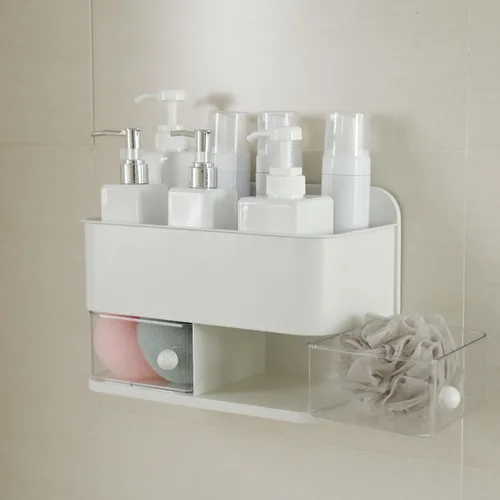Vista 5 de Organizador de pared para baño, organizador de ducha de plástico 2 en 1 y soporte para Qtip, estante de almacenamiento adhesivo grande con cajón