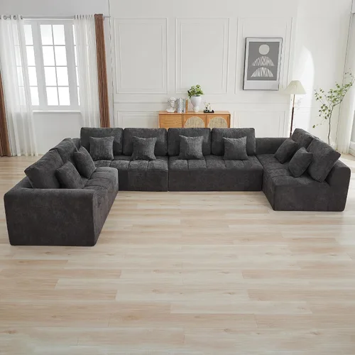 Vista 57 de Sofás seccionales modulares de 110 pulgadas para sala de estar, sofá seccional comprimido sin hueso, sofá de espuma viscoelástica tapizado de 3 Beige