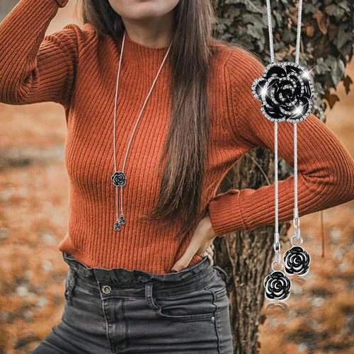 Vista 5 de Fansilver Collar largo para mujer, collar tipo suéter, collar en Y, barra dorada, plumas, borlas, hojas, triángulo, leopardo, círculo, diamantes