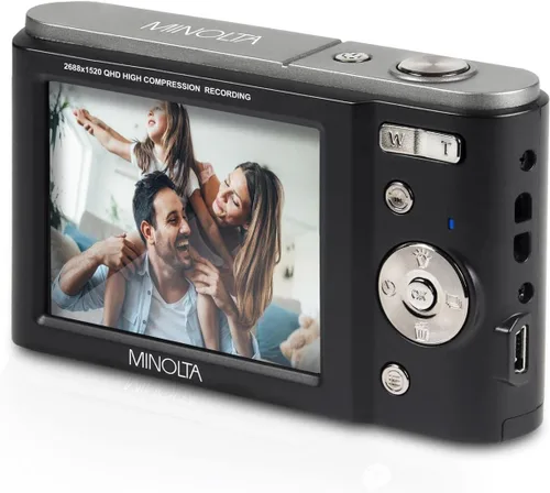 Vista 4 de Minolta MND20 Cámara digital Quad HD de 44 MP / 2.7K (negro) + tarjeta de memoria de 32 GB + trípode flexible de 12 pulgadas + cartera de tarjetas