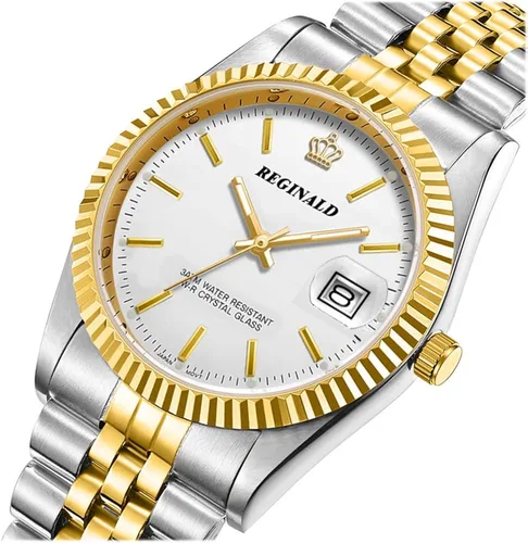 Vista 2 de PASOY Reloj de moda para hombre, tamaño unisex, acero inoxidable, fecha, dorado, bisel, plateado, reloj de pulsera de 1.417in, Moda