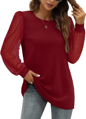 Vista 4 de WIHOLL Camisas de manga larga para mujer, túnica de otoño, ropa de cuello redondo a la moda