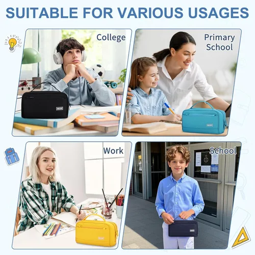 Vista 6 de VASCHY Estuche para lápices, organizador grande con cremalleras y asa superior, suministros escolares para niños, adolescentes, estudiantes