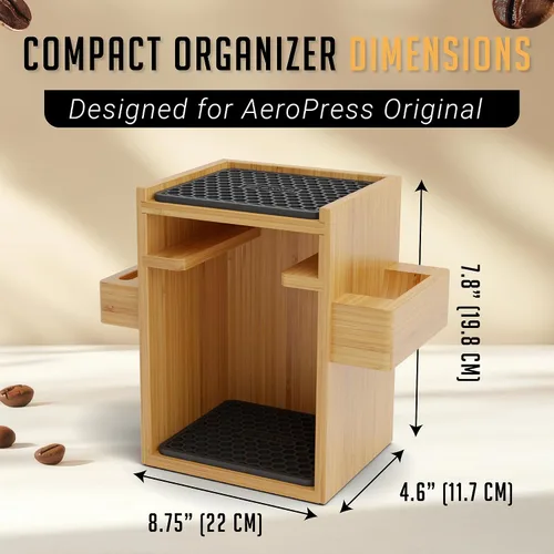 Vista 3 de HEXNUB Soporte organizador compacto AeroPress, organizador de café de bambú para cafetera AeroPress, accesorios, filtros, tazas, incluye