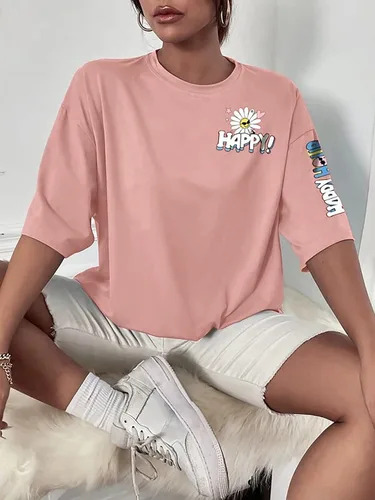 Vista 3 de MISSACTIVER Camiseta de gran tamaño con estampado de letras florales para mujer, cuello redondo, hombros caídos, manga corta, casual, camiseta