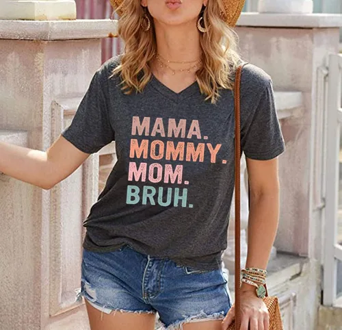 Vista 4 de Camiseta de manga corta con cuello en V para mujer, camiseta divertida para mamá