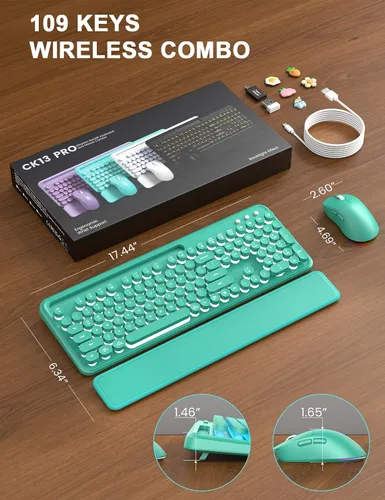 Vista 9 de Combo de teclado y mouse inalámbricos: teclado retroiluminado con reposamuñecas magnético y soporte para teléfono, teclas redondas iluminadas, juego