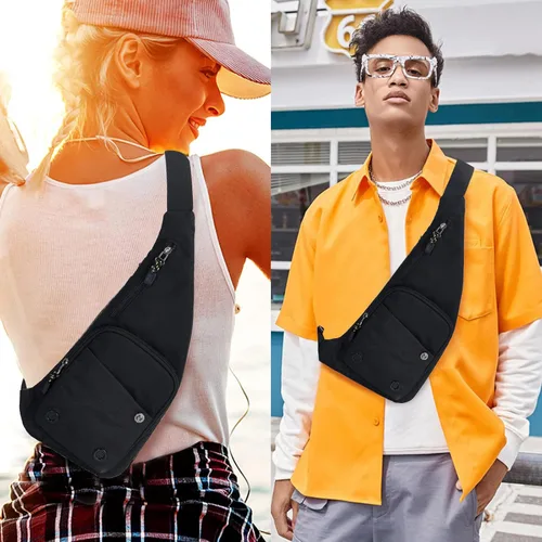 Vista 2 de Qidelong Bolso bandolera para hombres y mujeres, delgado bolso de bolsillo personal, mochila de hombro en el pecho, mochila casual, riñonera de viaje