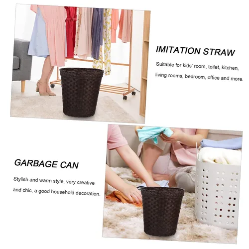 Vista 9 de Garneck Recipientes de basura de paja de imitación con tapas, cubo de basura de bambú personalizado, pequeño bote de basura automático para baño