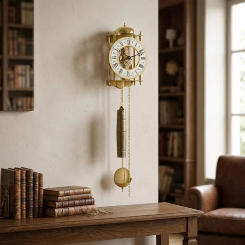 Vista 2 de Hermle Reloj de pared de esqueleto mecánico de estilo antiguo con huelga de hora 70332-000711 Dorado
