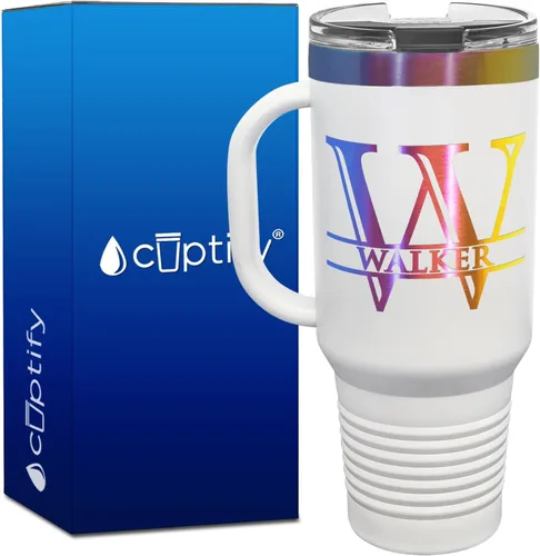 Vista 18 de Vaso personalizado de regalo de cumpleaños para mujeres y hombres, con monograma de escritura dividida, inicial y nombre grabado en negro, taza