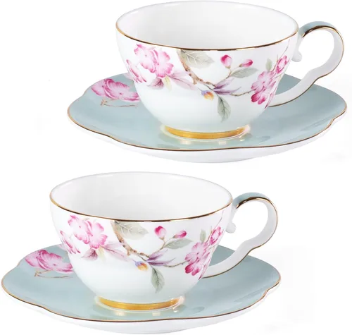 Vista 27 de KAMMAK Juego de 2 tazas de café de cerámica, tazas de café de porcelana con platillos, 6.52 onzas hechas a mano, elegante taza de té de porcelana