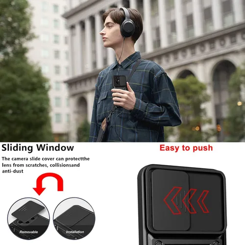 Vista 5 de Ysnzaq Funda resistente a prueba de golpes de grado militar para Xiaomi Poco M5 6.58 ", protección de lente de ventana deslizante con soporte