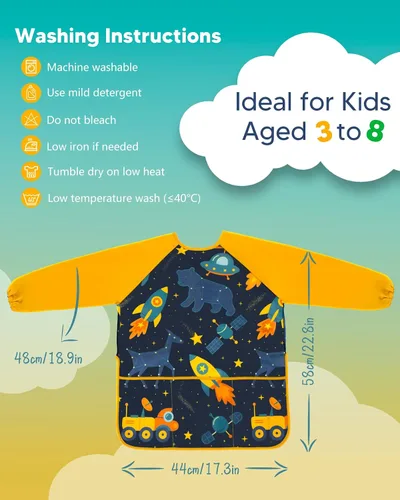 Vista 3 de Oiomniv Delantal de Arte para Niños – Delantal de Pintura de Manga Larga Impermeable con 3 Bolsillos, Delantal Lavable para Niños Pequeños y Niños