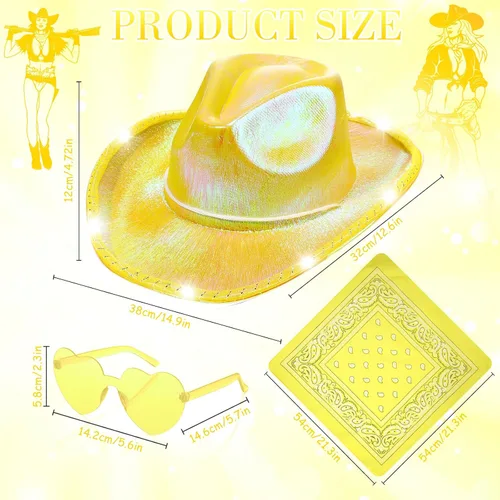 Vista 4 de Unittype Paquete de 18 sombreros de vaquero, sombrero de vaquera para novia, sombrero LED de vaquero espacial con 6 gafas, 6 bandana para mujer