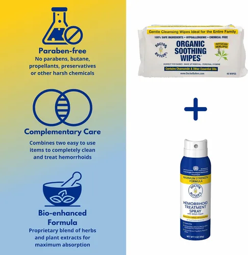 Vista 2 de Doctor Butler's Toallitas naturales con spray para hemorroides paquete de tratamiento medicado, tratamiento de hemorroides para ayudar con el alivio
