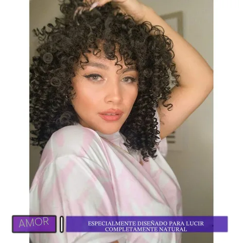 Vista 3 de YEAME Pelucas rizadas para mujeres negras, peluca rizada afro con flequillo, negro natural, resistente al calor, peluca completa de 15 pulgadas #1B
