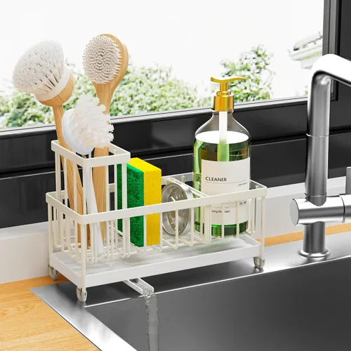 Vista 25 de Cisily Soporte de esponja negro extra grande para fregadero de cocina, organizador de fregadero con soporte alto para cepillos, organizadores