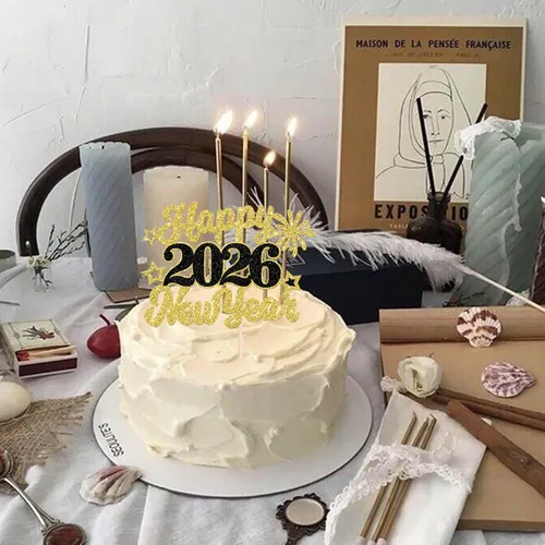 Vista 6 de 1 paquete de decoración para tartas con purpurina de fuegos artificiales para 2026 Año Nuevo 2026, decoración para pasteles de bienvenida 2026