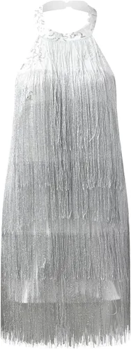 Vista 2 de Mini vestido sexy con cuello en V y lentejuelas con borlas para mujer, sin mangas, entallado, con flecos, vestido de fiesta para club nocturno