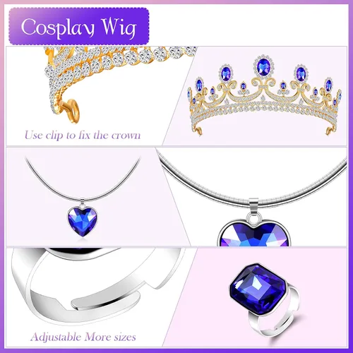 Vista 3 de Conjunto de disfraz de princesa, peluca larga ondulada rosa y azul claro mixta con red para el cabello, corona de princesa azul rey, anillo