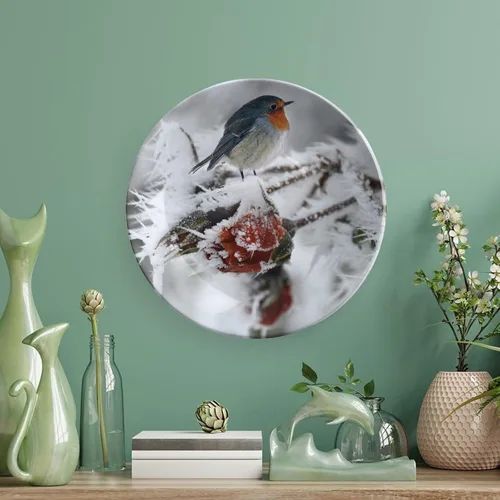 Vista 5 de Bird Robin Snow Hoarfrost - Plato decorativo para colgar decoración del hogar, decoración del hogar, recuerdo, arte de pared, platos de cerámica