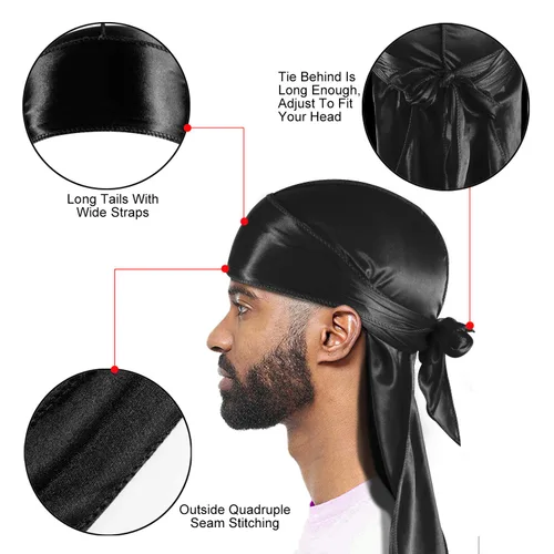 Vista 10 de Paquete de 3 piezas de durags sedosas para ondas de hombres, de regalo 1 gorra para marcar las ondas, talla única
