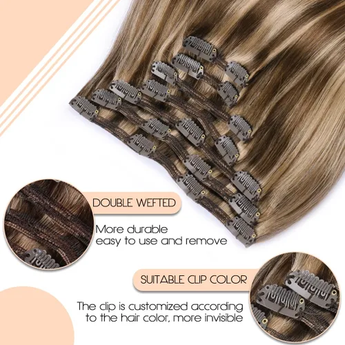 Vista 55 de VINBAO Extensiones de cabello humano con clip, balayage, color marrón ceniza a rubio caramelo, 14 pulgadas, 6 unidades, 3.53 onzas, 6