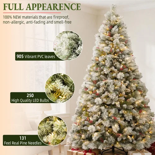 Vista 2 de Árbol de Navidad preiluminado flocado de 6 pies con agujas de Pino flocado