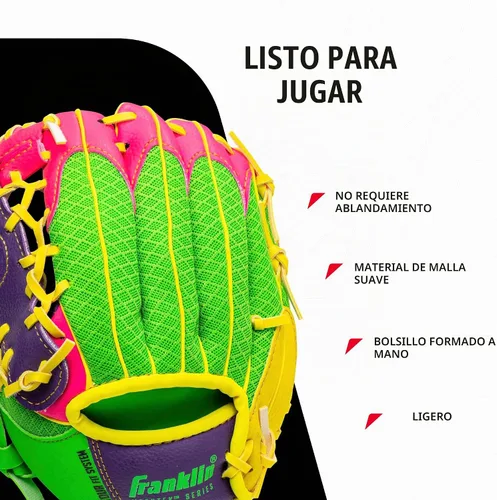 Vista 3 de Franklin Sports Guantes Meshtek + pelota para niños Púrpura/Rosa/Amarillo